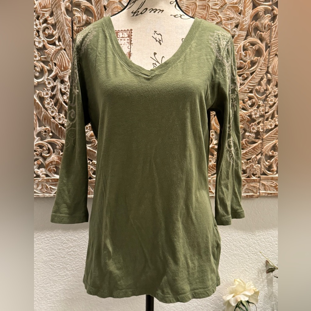 Olive Green V-Neck Women's Top with Embroidered Sleeves